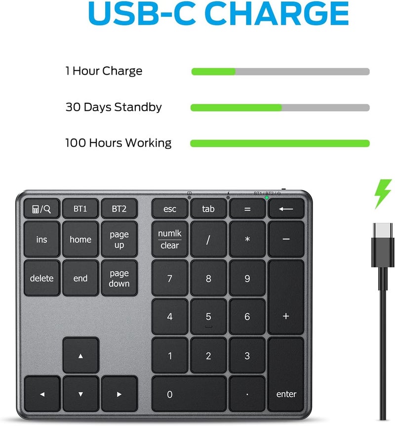 iClever Number Pad, Aluminum Wireless Number Pad for Multi Devices, USB-C Rechargeable, External 34-Keys Bluetooth Keyboard for Data Entry, Compatible for Laptop, Mac, iMac, Tablet, PC Desktop - Image 3